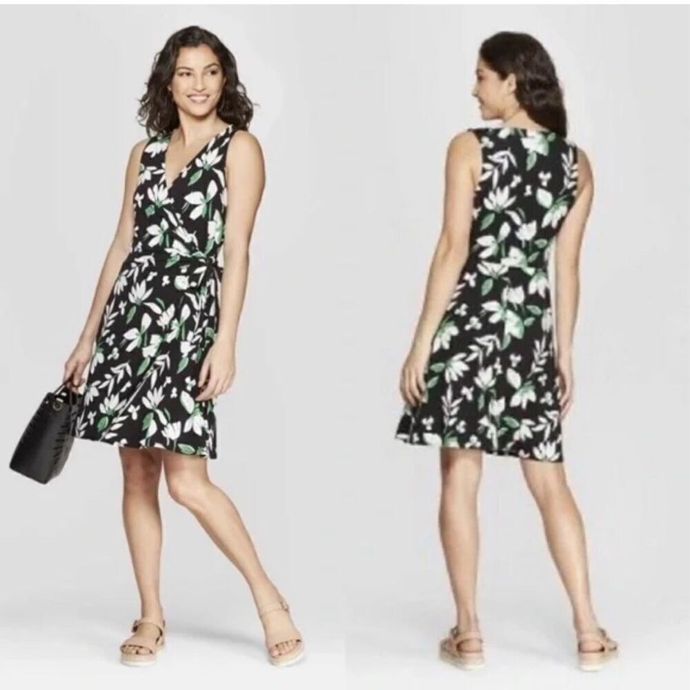 A New Day green/black floral faux wrap dress XS side tie